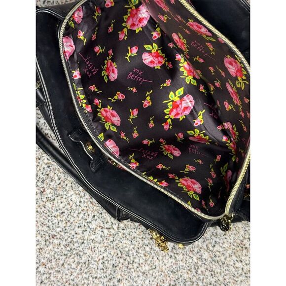 Betsey Johnson Black Bow Satchel Bag with Floral Interior Medium - Picture 7 of 11